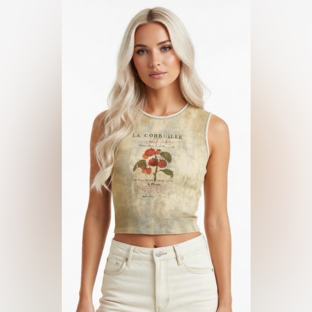 Skinny Minnie La Corbeille Cropped Graphic Tank • French Botanical • S/M
